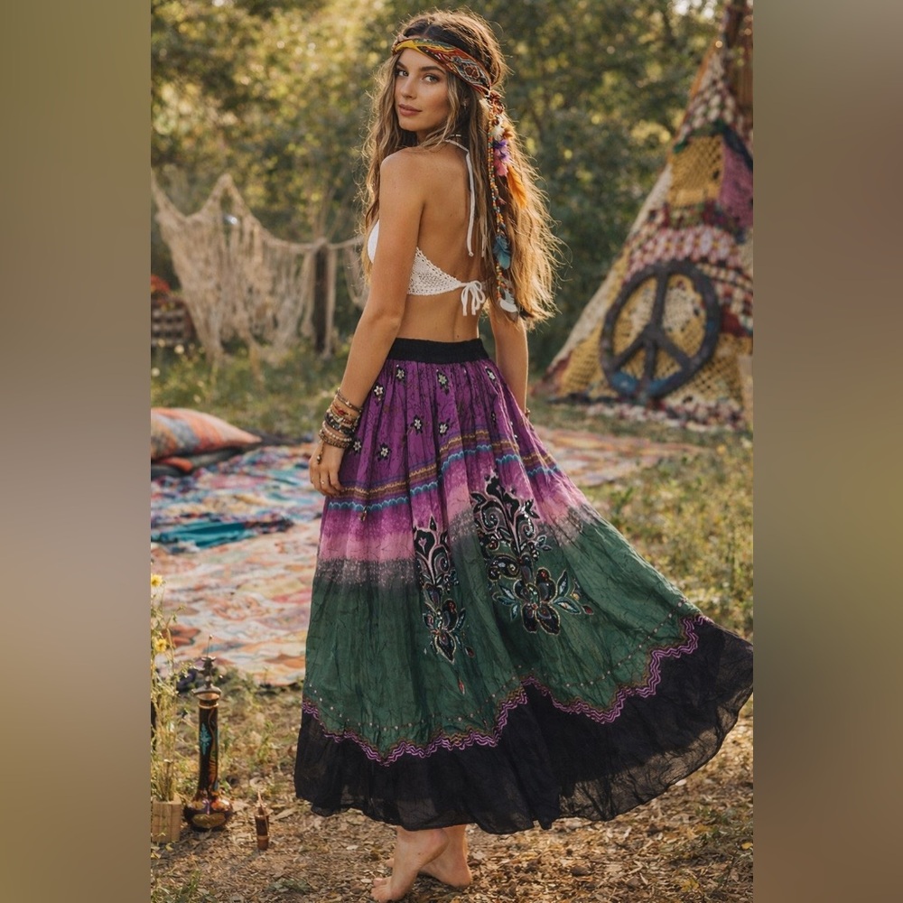 Tie dye sequins stretch waist long skirt boho hippie lightweight sz M summer